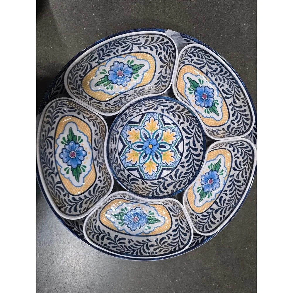 7 Piece Melamine Lazy Susan With Cover Divided Serving Dishes Floral Blue  2026